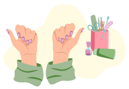 Beautiful hands of Caucasian woman showing off her manicure in flat styleのイラスト素材