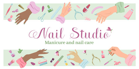 Horizontal banner with female hands and manicure tools set in flat style for web designのイラスト素材