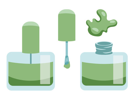 Manicure green nail polish set. Nail polish bottle and brush isolated on white background flat styleのイラスト素材