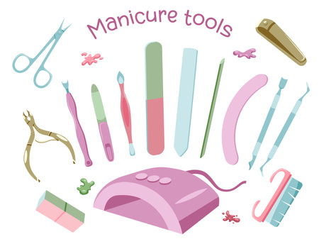 Manicure set of tools and equipment pastel coloured flat style isolated on white backgroundのイラスト素材