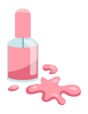 Nail polish pink bottle with varnish splash isolated on white background in flat styleのイラスト素材