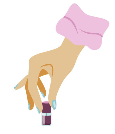 Beautiful female hand holding a closed purple nail polish bottle isolated on white backgroundのイラスト素材
