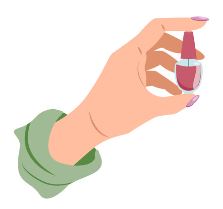 Beautiful female hand holding a closed red nail polish bottle isolated on white backgroundのイラスト素材