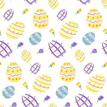 Cute Easter pastel coloured pattern with colorful eggs and spring flowers on white backgroundのイラスト素材