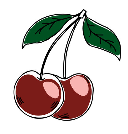Vector two lineart style red cherries with leaves isolated on white backgroundのイラスト素材