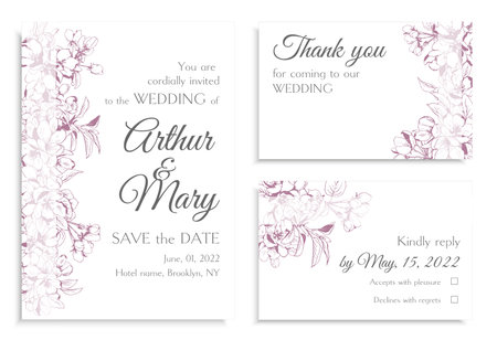 Set of three vector wedding invitation templates with pastel colored apple bloom on white backgroundのイラスト素材