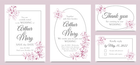 Set of vector wedding invitation templates with apple bloom and pink backgroundのイラスト素材