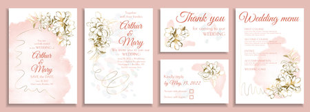 Set of vector wedding invitation templates with apple bloom and golden decorationの写真素材