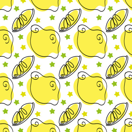 Doodle style seamless pattern with whole lemons and lemon slices on white backgroundのイラスト素材