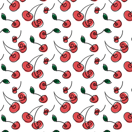 Doodle style seamless pattern with cherries and cherry leaves on white backgroundのイラスト素材