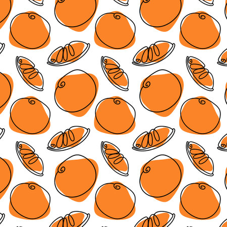Doodle style seamless pattern with whole oranges and orange slices on white backgroundのイラスト素材