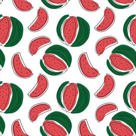 Doodle style seamless pattern with watermelons and watermelon slices on white backgroundのイラスト素材