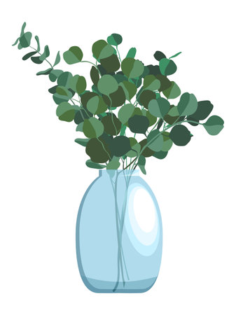 Flat style illustration of bunch of eucalyptus branches in glass vase isolated on white backgroundのイラスト素材