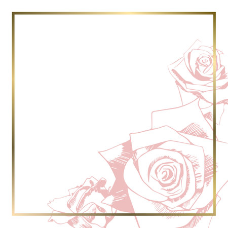 Vector square background with pink silhouette roses and golden frameのイラスト素材