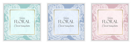 Set of three vector greeting card templates with silhouette roses in teal blue and pink colorsのイラスト素材