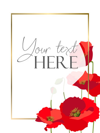 Flat style background template with red poppies bunch on white background with golden frameのイラスト素材