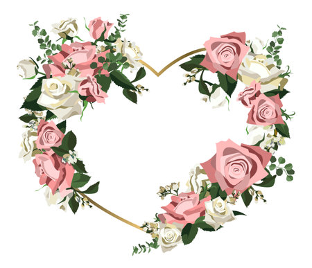 Vector floral heart shaped frame with roses, jasmine flowers and eucalyptus, copy space includedのイラスト素材