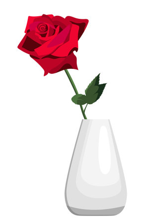 Vector single red rose in white clay vase flat style isolated on white backgroundのイラスト素材