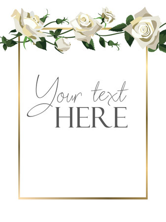 Flat style background template with white roses border on white background with golden frameのイラスト素材