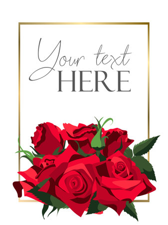 Flat style background template with red roses bunch on white background with golden frameのイラスト素材