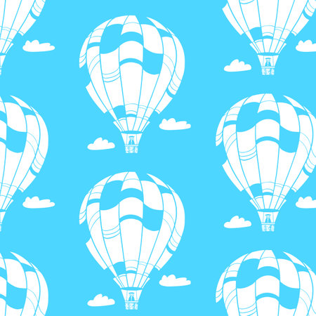 Vector seamless pattern with hot air balloon white flat silhouette on blue backgroundのイラスト素材