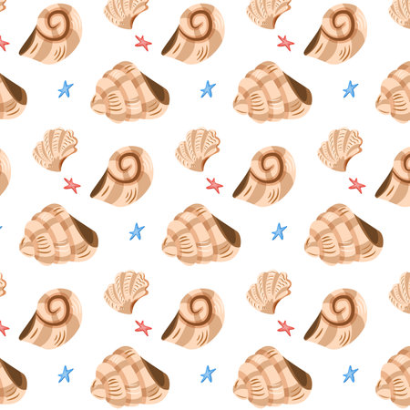 Seamless pattern with cartoon style seashells and starfish on white backgroundのイラスト素材