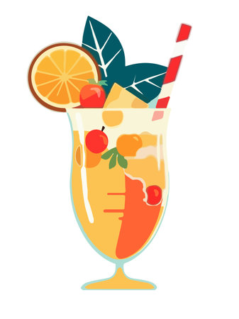 Orange tropical cocktail drink with fruits flat vector styleの素材
