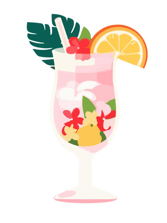 Pink margarita cocktail drink with fruits and flowers flat vector styleの素材