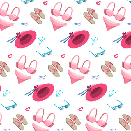Cute and colorful seamless pattern with swimwear hat sunglasses flip-flops on white backgroundのイラスト素材