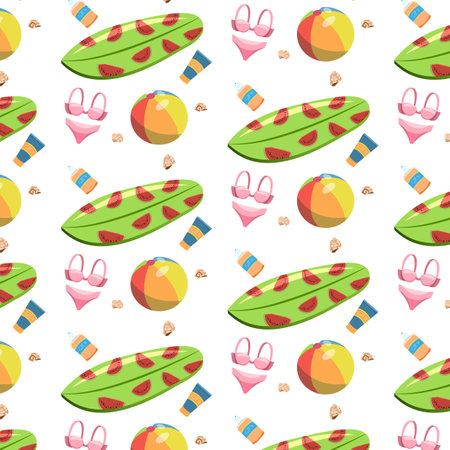 Colorful seamless pattern with swimwear surfboard beach ball and seashells on white backgroundのイラスト素材