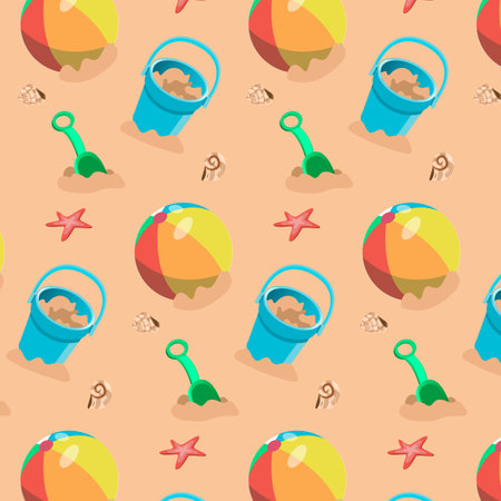 Seamless pattern with kids bucket beach ball and shovel with sand and seashellのイラスト素材