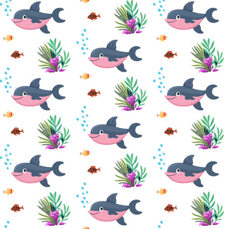 Seamless pattern with cute dolphin and algae on white backgroundのイラスト素材