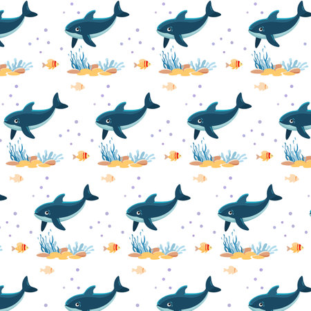 Seamless pattern with cute smiling blue whale and algae on white backgroundのイラスト素材