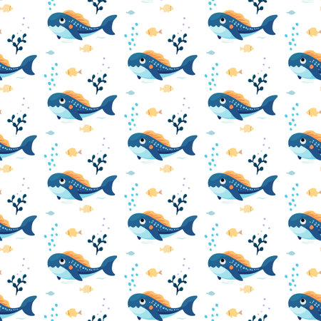 Seamless pattern with cute shark and algae on white backgroundのイラスト素材