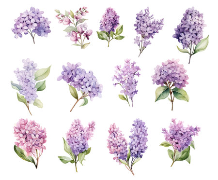 Set of lilac branches and flowers watercolor style isolated on white backgroundのイラスト素材