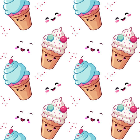 Cute vector pattern with ice cream and smiling faces on white backgroundのイラスト素材