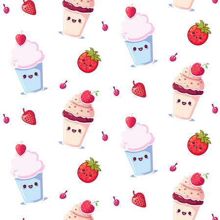 Cute vector pattern with various ice cream cones and strawberries on white backgroundのイラスト素材