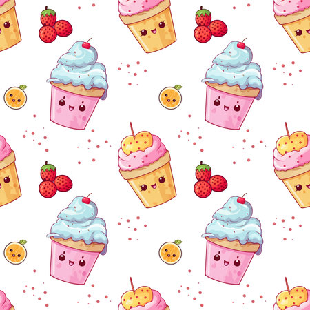 Cute vector pattern with pink and blue ice cream and berries on white backgroundのイラスト素材