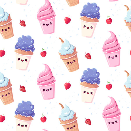 Cute vector pattern with pink and purple ice cream and strawberries on white backgroundのイラスト素材