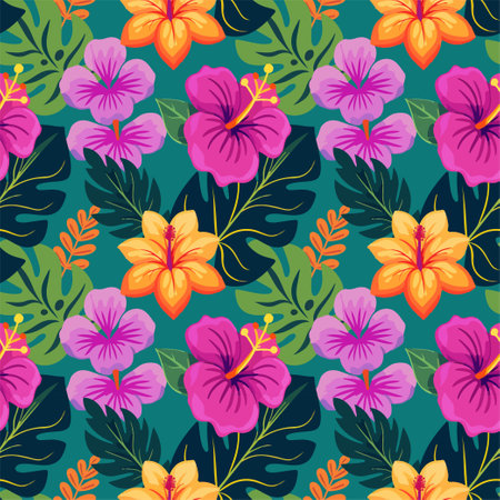 Vector seamless pattern with various tropical leaves and flowers on dark green backgroundのイラスト素材