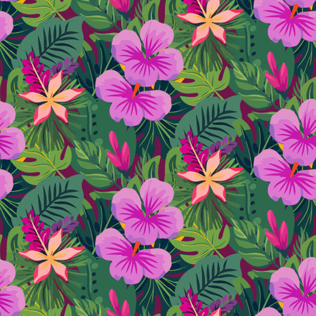 Vector seamless pattern with various tropical leaves and flowers green on pink backgroundのイラスト素材