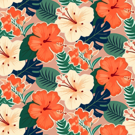 Vector seamless pattern with various tropical leaves and hibiscus flowers on orange backgroundのイラスト素材