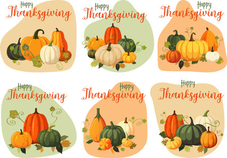 Happy thanksgiving day set of six illustrations with pumpkins on colorful background for stickersのイラスト素材