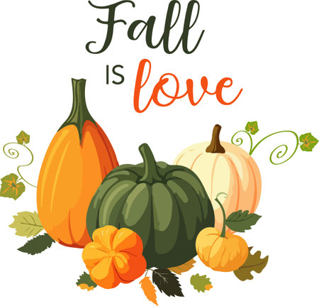 Vector illustration of various pumpking pile with leaves on white backgtound. Fall is love textのイラスト素材