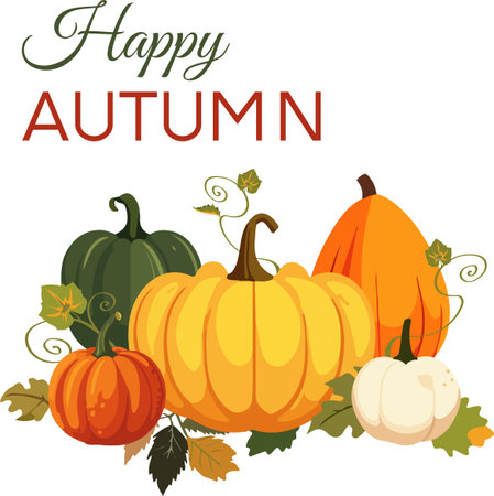 Vector illustration of pumpking pile with leaves on white backgtound. Happy autumn textのイラスト素材
