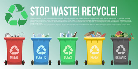 Waste management vector illustration. Stop waste recycle grbage sorting banner with copy spaceのイラスト素材