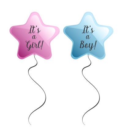 Star shaped pink and blue balloons with girl or boy text for gender reveal party isolatedのイラスト素材