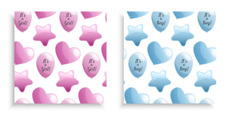 Vector seamless pattern set with pink and blue balloons for gender reveal party on whiteのイラスト素材