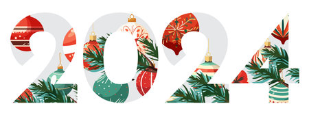 2024 vector lettering with Christmas decorations and fir tree branchesのイラスト素材