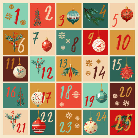 Vector Christmas 25 window advent calendar with tree ornaments and snowflakes.のイラスト素材